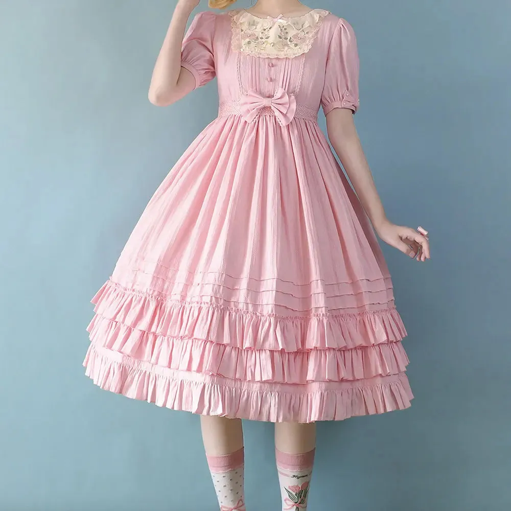 Miss Nelly ~ Classic Short Sleeve Lolita Dress with Embroidered Flowers