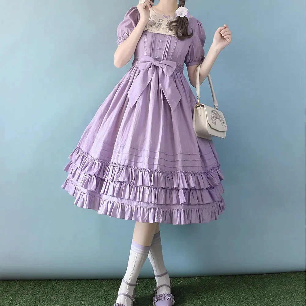 Miss Nelly ~ Classic Short Sleeve Lolita Dress with Embroidered Flowers