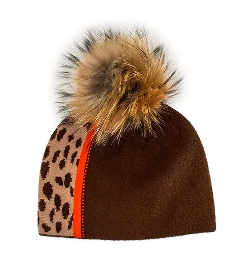 Mitchie's | Knit Hat with Leopard & Bright Stripe with Crystals & Fox Fur Pom | Women's