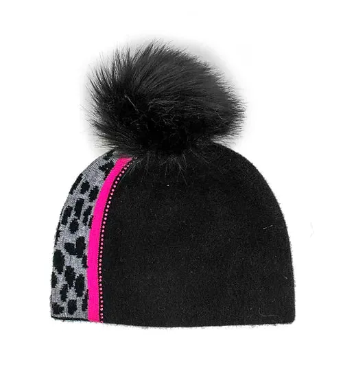Mitchie's | Knit Hat with Leopard & Bright Stripe with Crystals & Fox Fur Pom | Women's