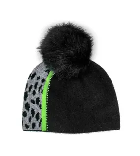 Mitchie's | Knit Hat with Leopard & Bright Stripe with Crystals & Fox Fur Pom | Women's