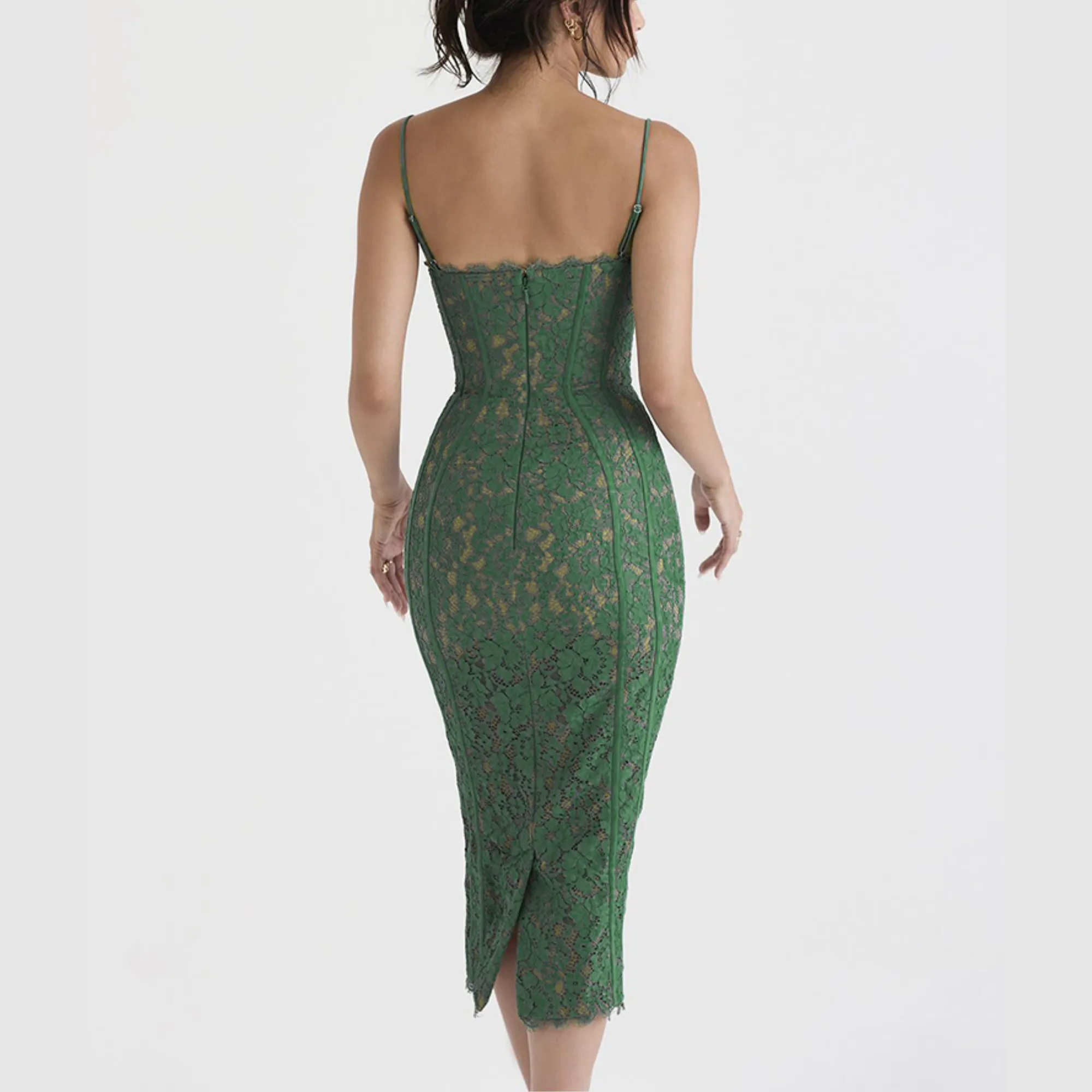 Nadine - Green Lace Corset Midi Dress