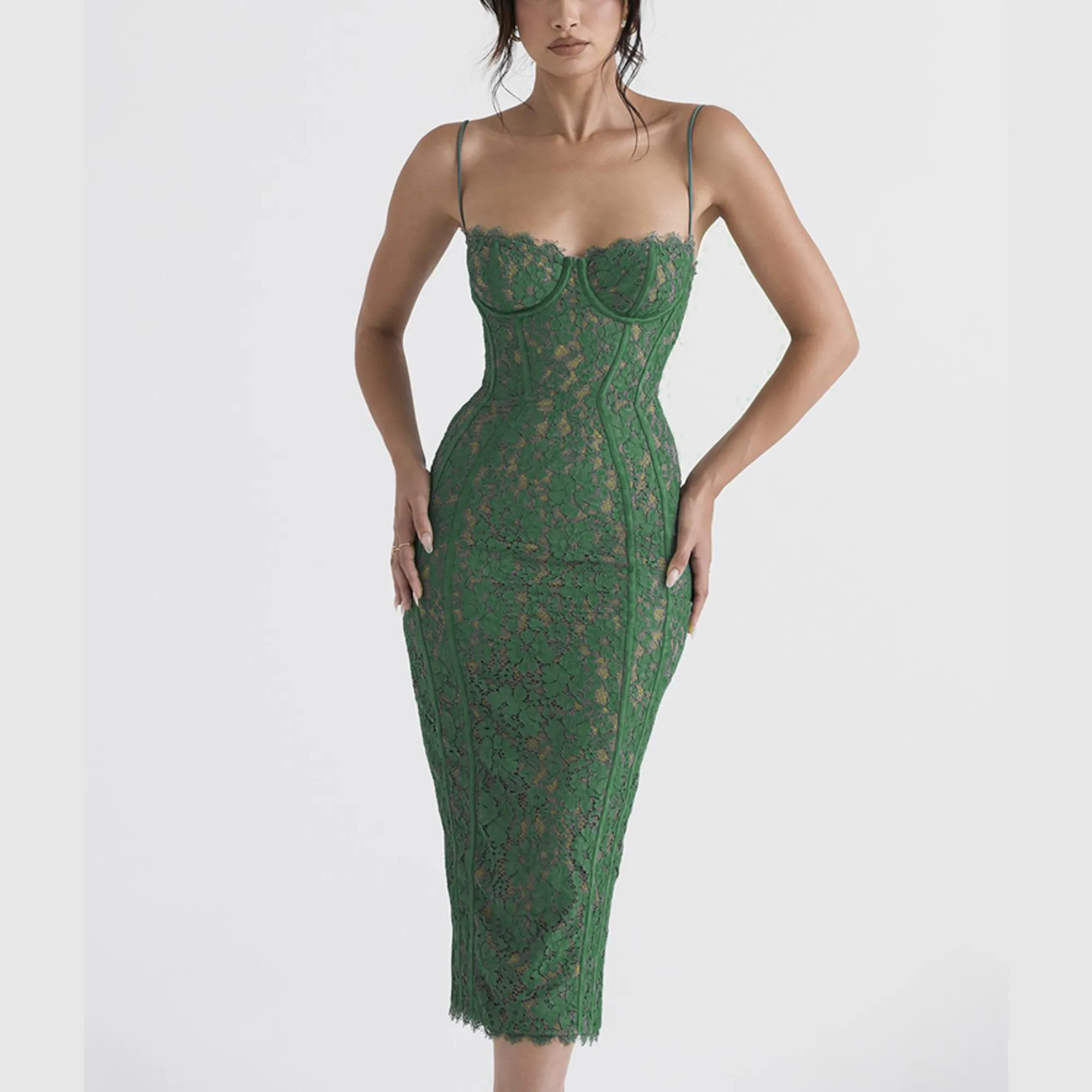 Nadine - Green Lace Corset Midi Dress