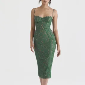 Nadine - Green Lace Corset Midi Dress