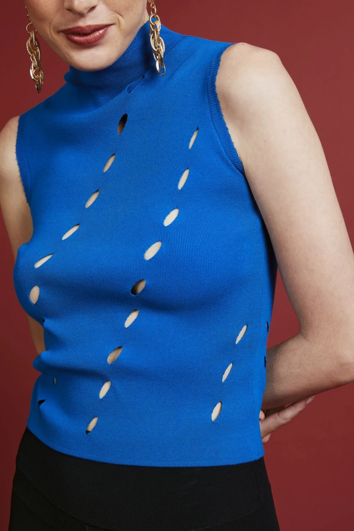 Nathalie Blue Tank Top with Hole Detailed Collar