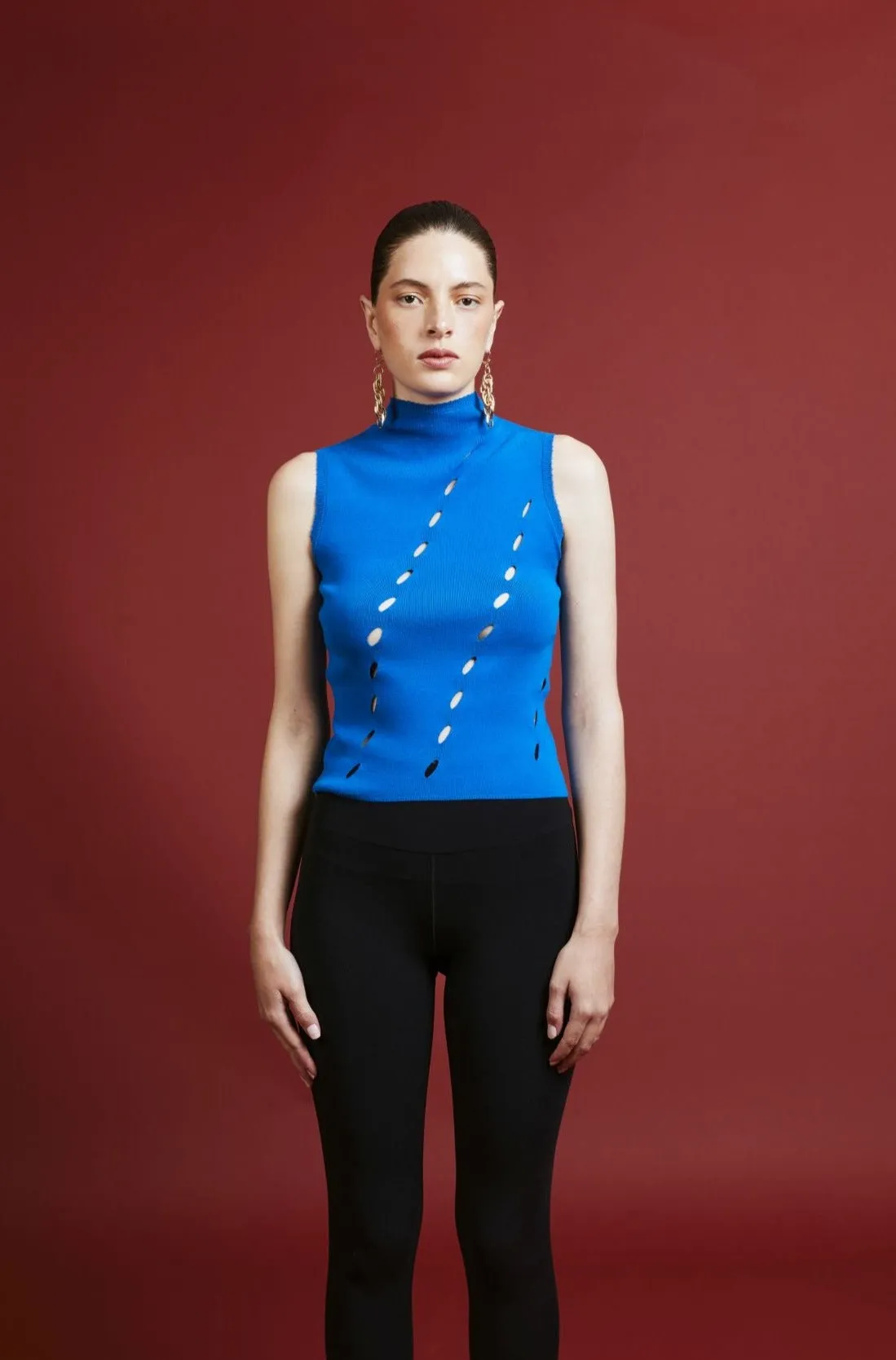 Nathalie Blue Tank Top with Hole Detailed Collar