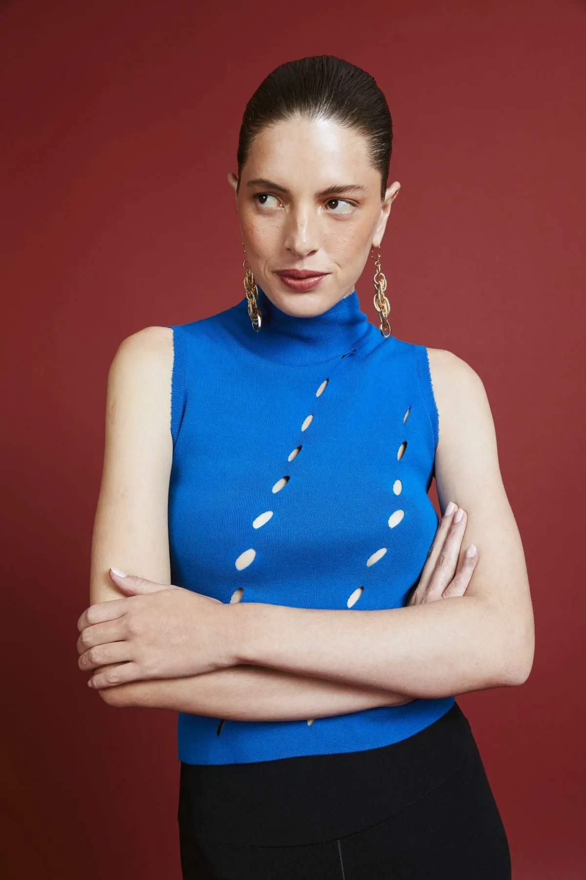 Nathalie Blue Tank Top with Hole Detailed Collar