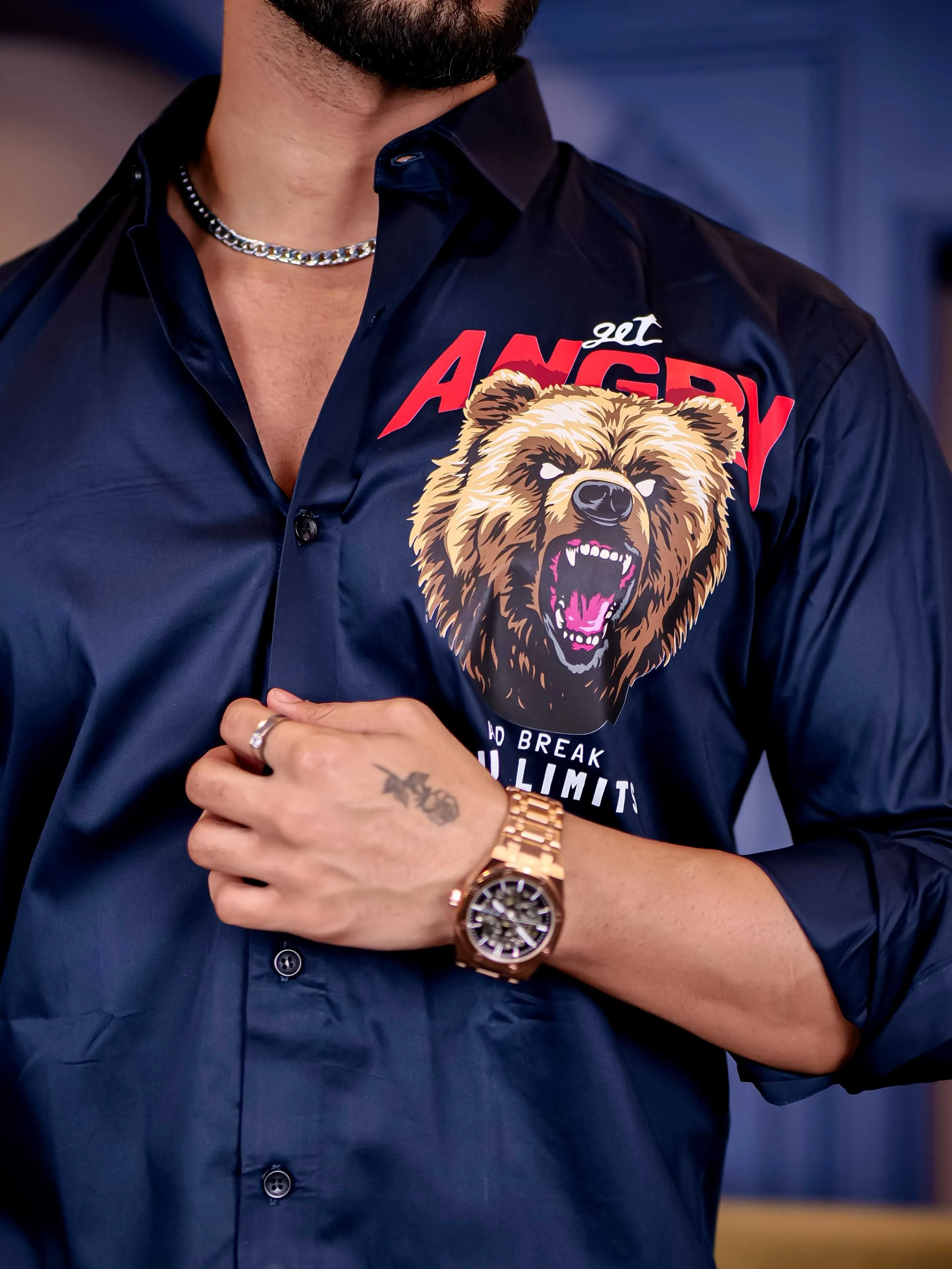 Navy Club Wear Angry bear Cartoon Printed Satin Cotton Shirt