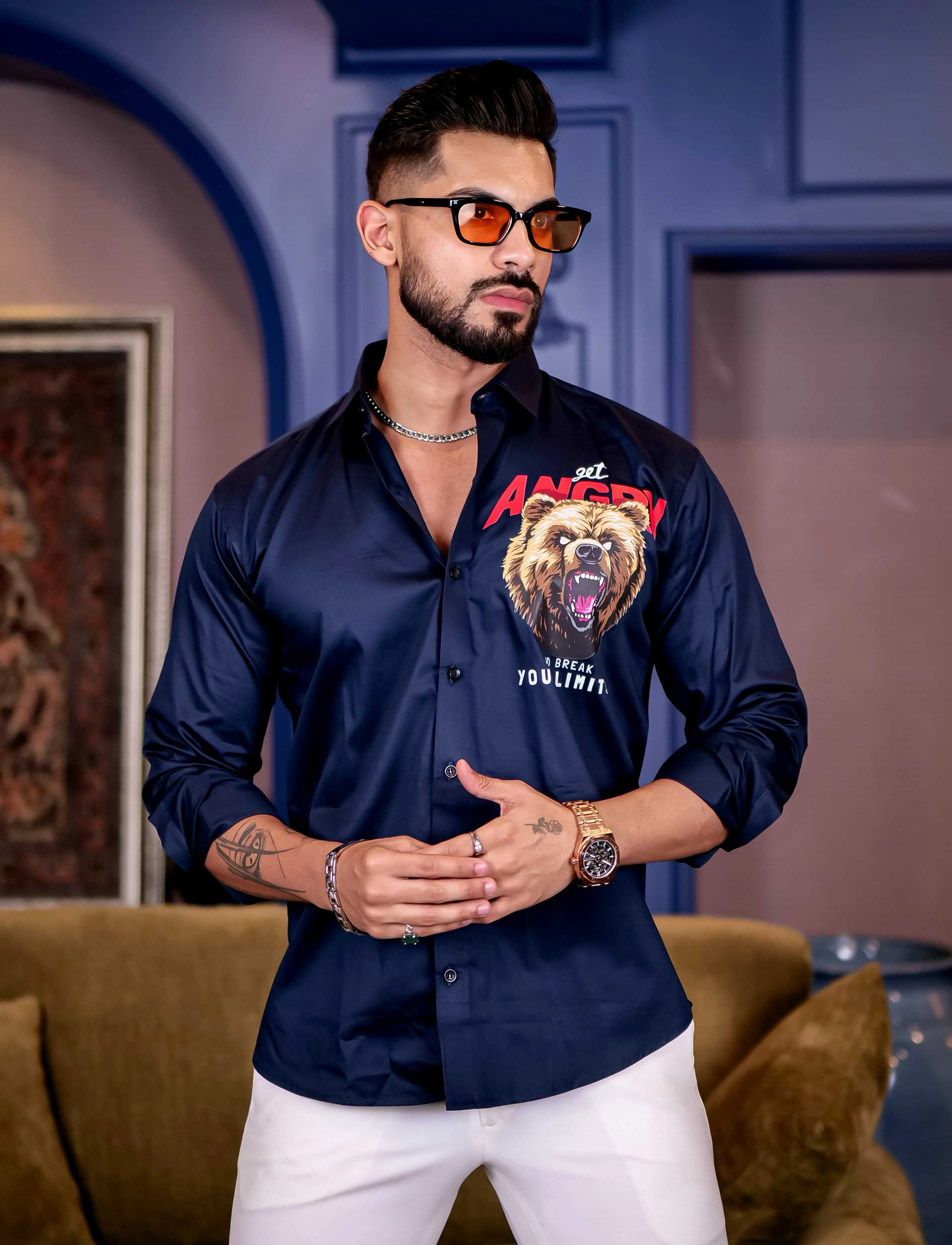 Navy Club Wear Angry bear Cartoon Printed Satin Cotton Shirt