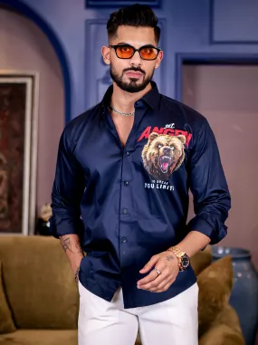 Navy Club Wear Angry bear Cartoon Printed Satin Cotton Shirt