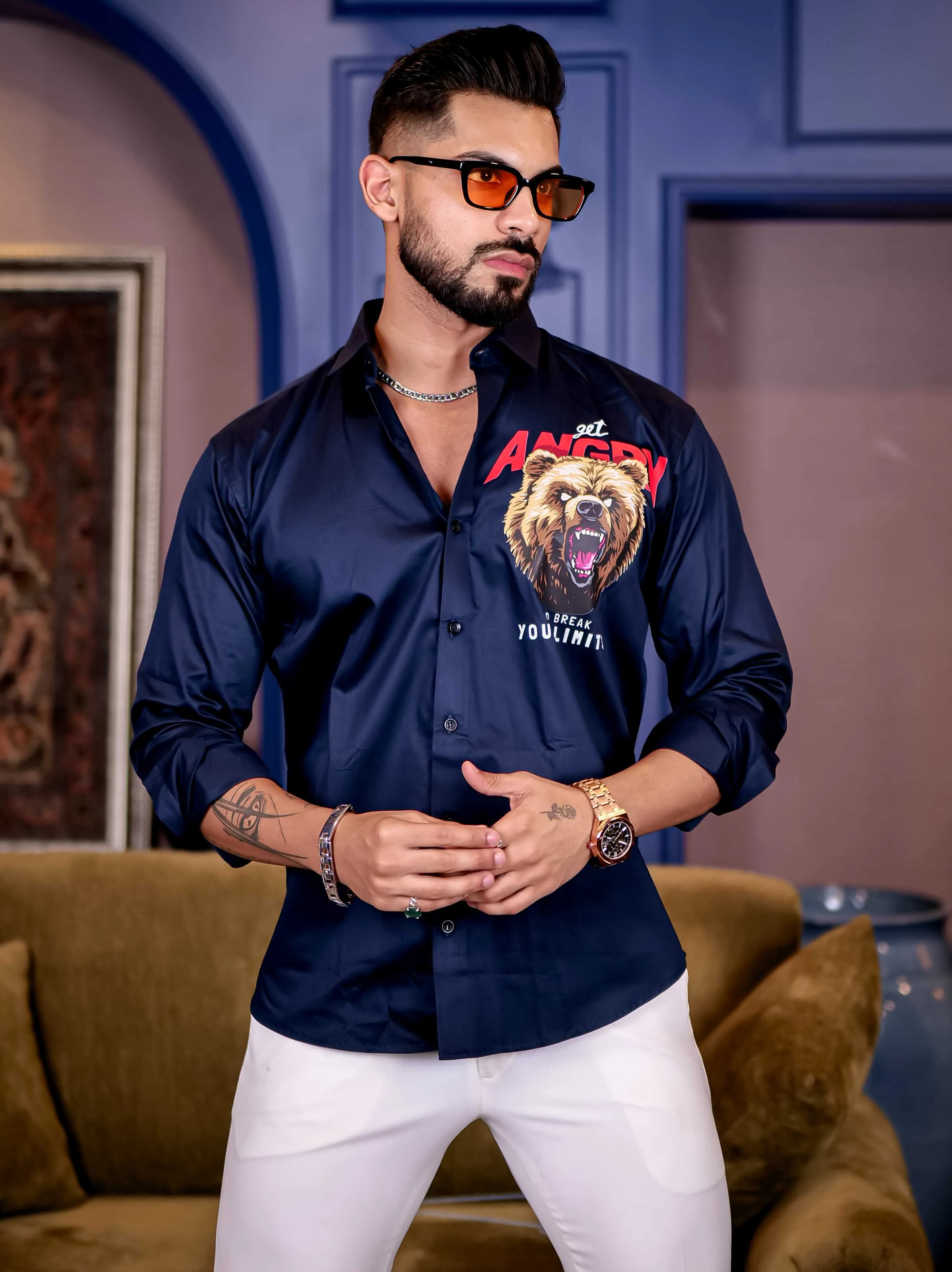 Navy Club Wear Angry bear Cartoon Printed Satin Cotton Shirt