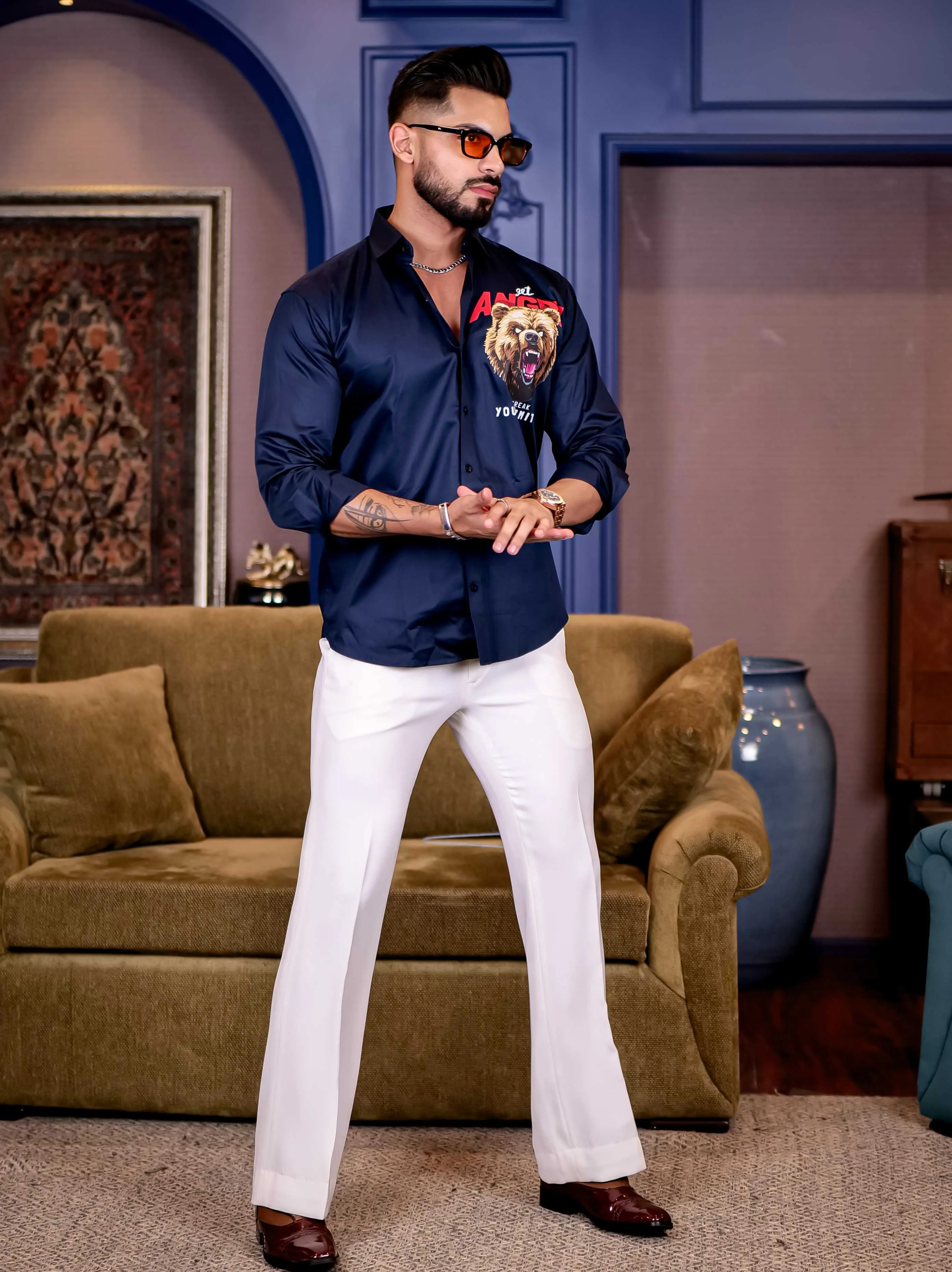 Navy Club Wear Angry bear Cartoon Printed Satin Cotton Shirt