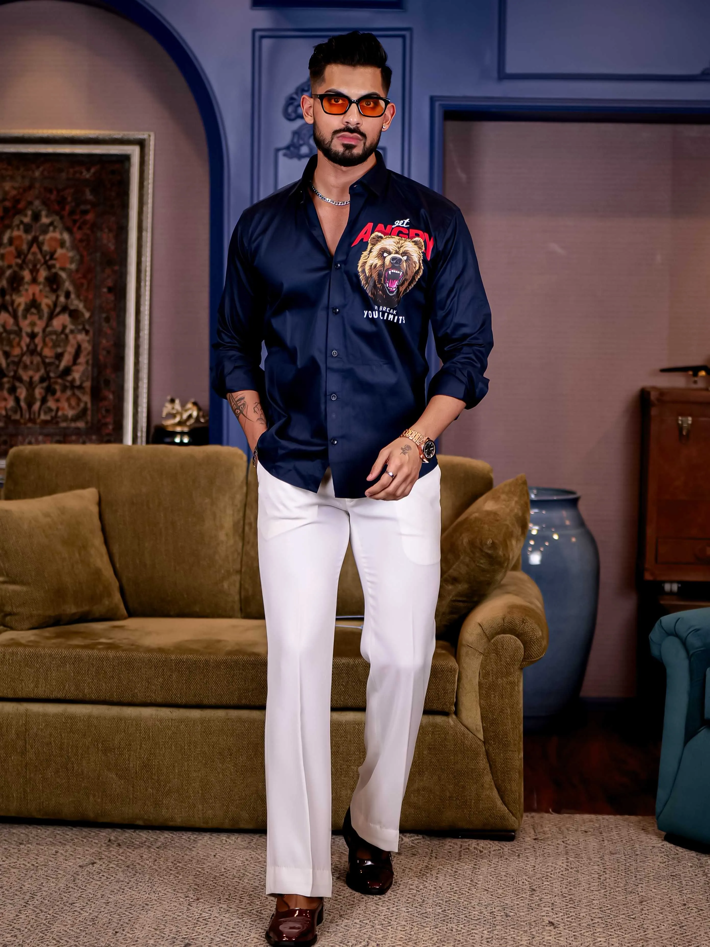 Navy Club Wear Angry bear Cartoon Printed Satin Cotton Shirt
