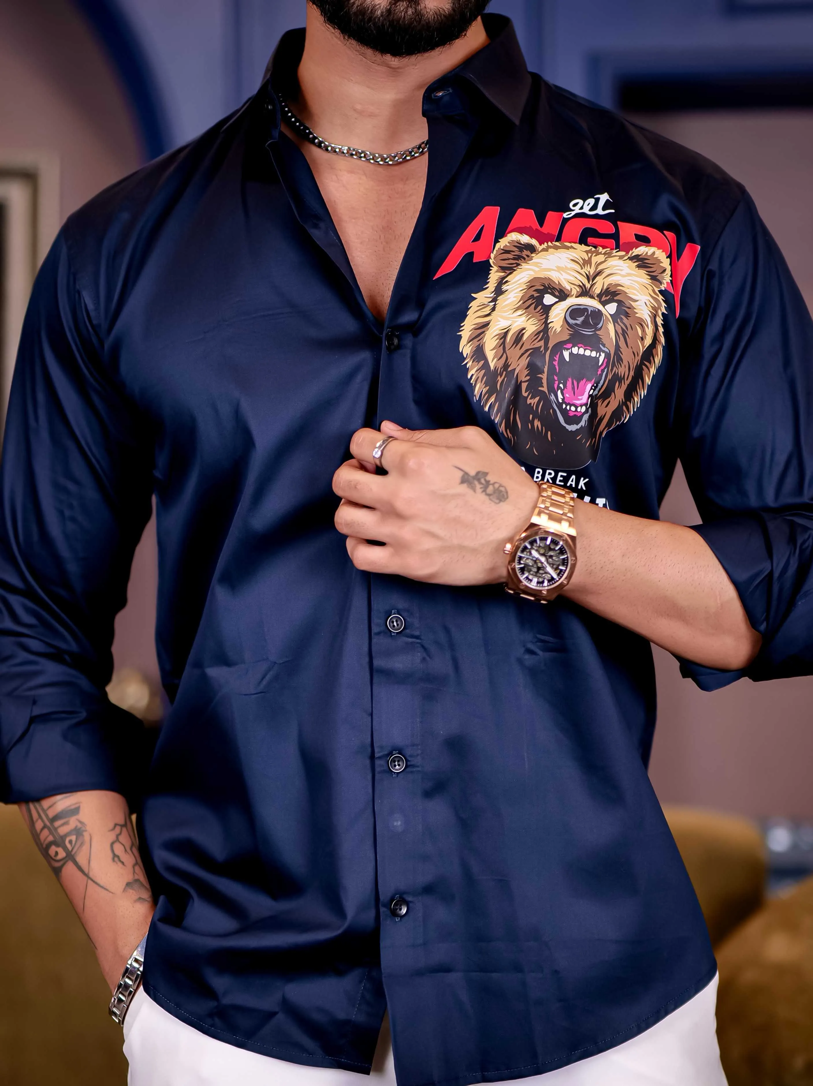 Navy Club Wear Angry bear Cartoon Printed Satin Cotton Shirt