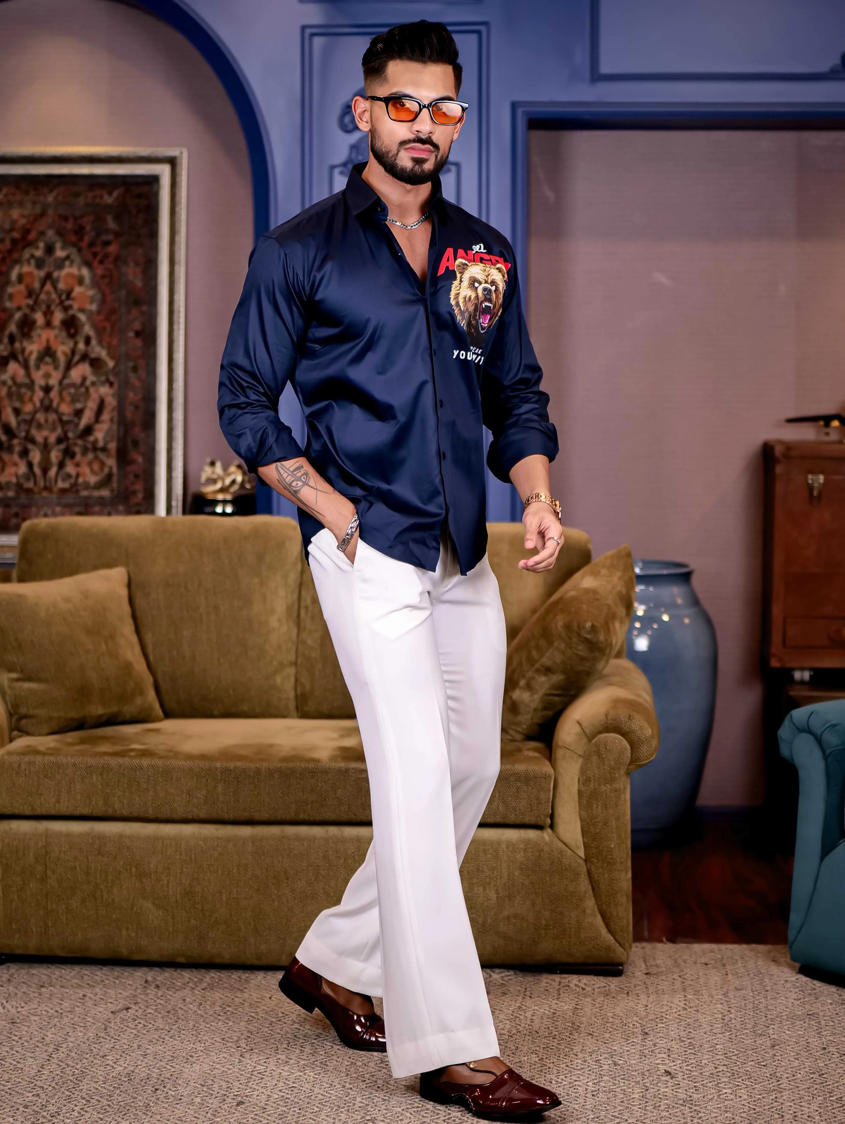Navy Club Wear Angry bear Cartoon Printed Satin Cotton Shirt