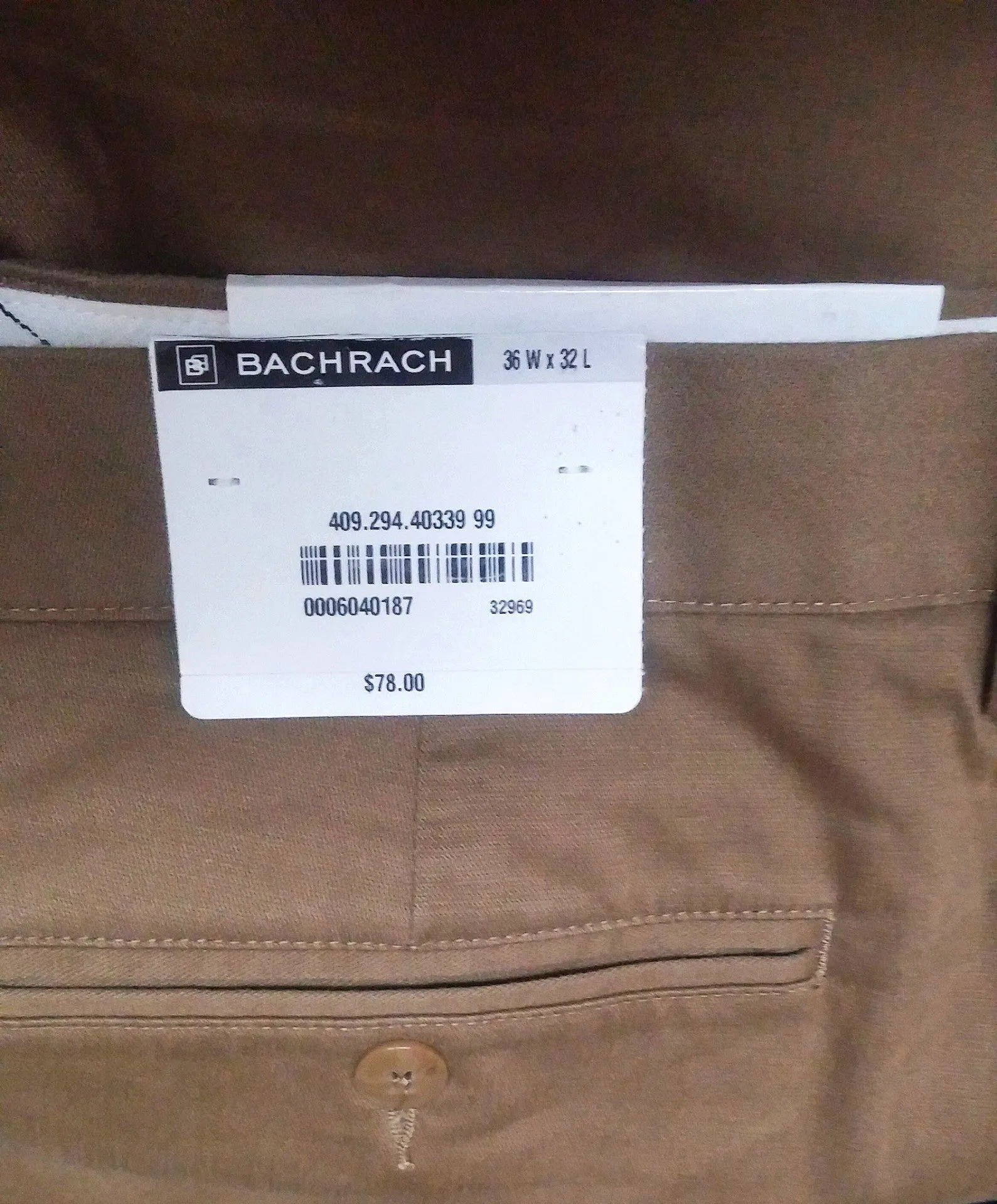 New- Bachrach British Tan, Pleated Stretch Chino Pants- size 36x32