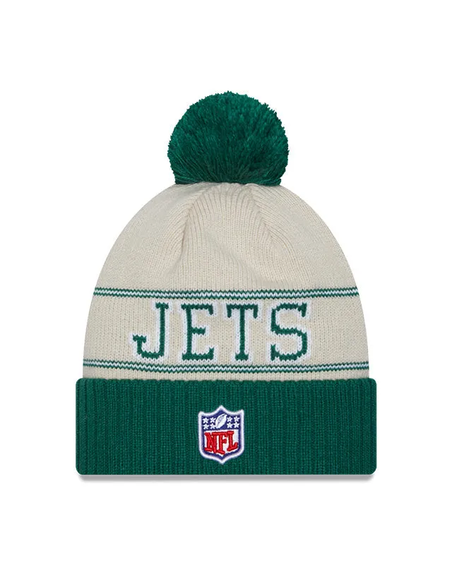 New York Jets New Era 2023 Sideline Historic Pom Cuffed Knit Hat - Cream/Green