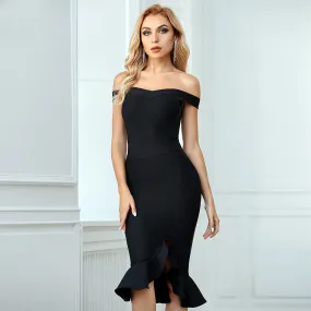 Off Shoulder Split Thigh Ruffle Hem Midi Bodycon Dress
