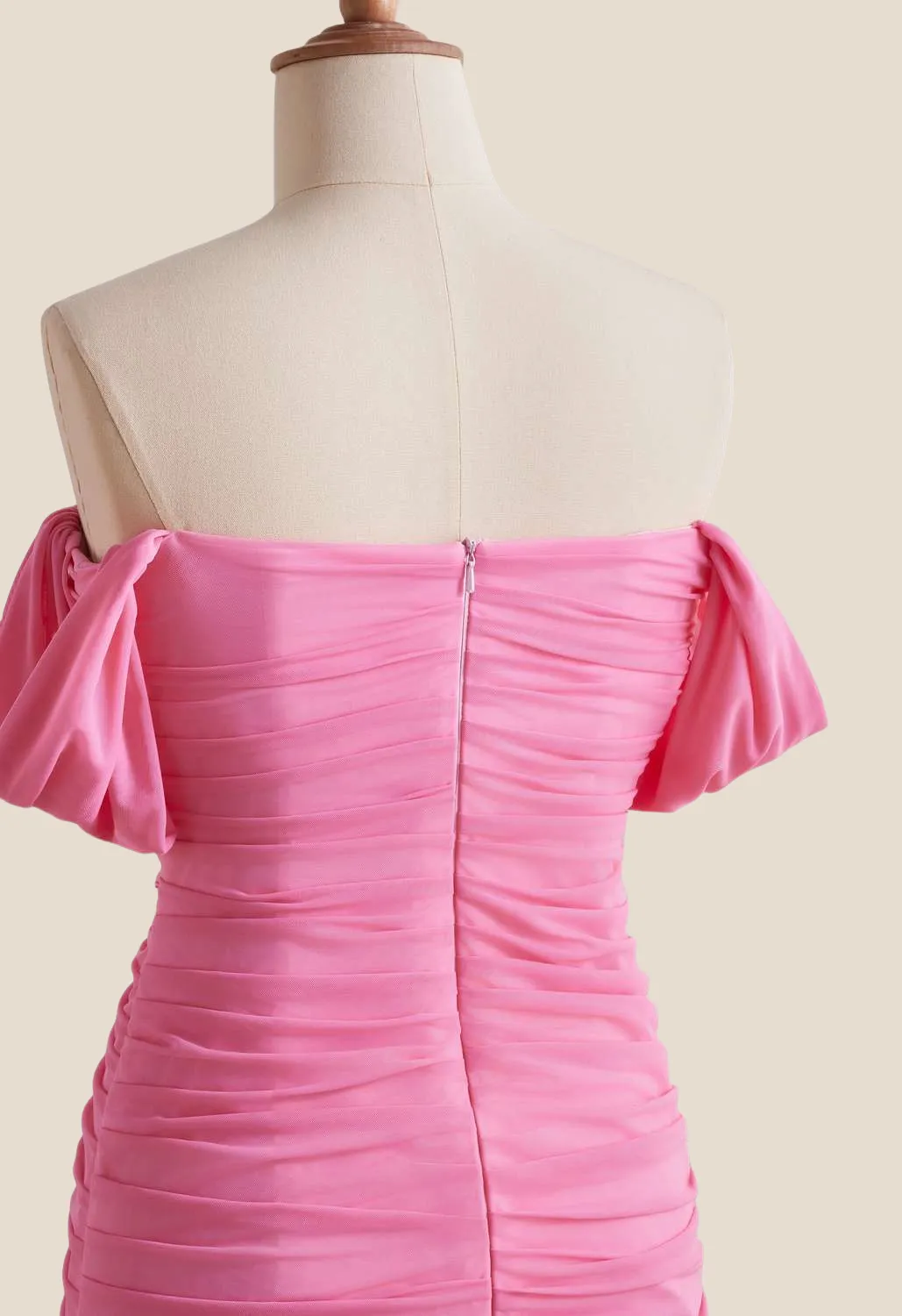 Off the Shoulder Pink Ruched Short Dress