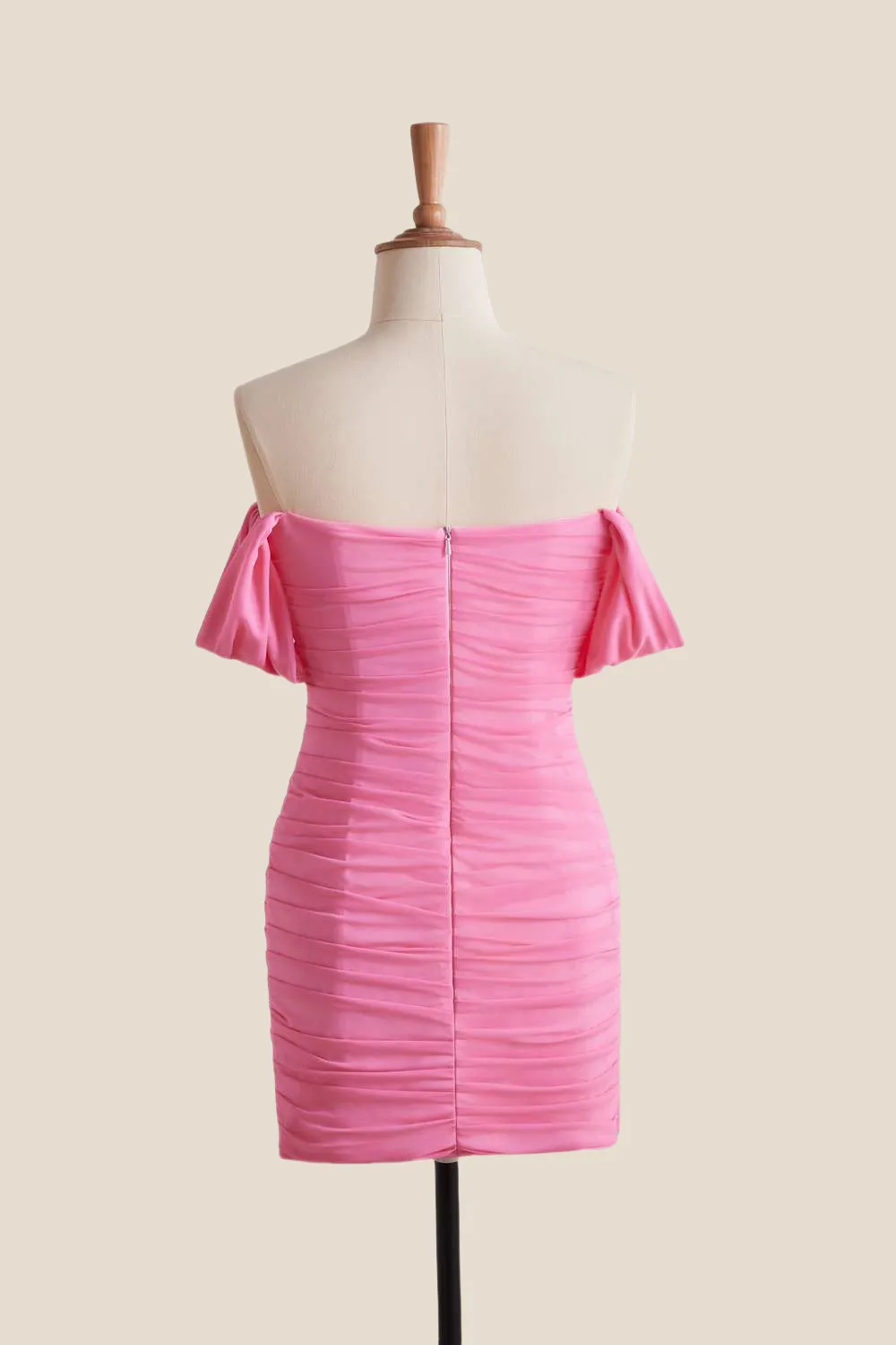 Off the Shoulder Pink Ruched Short Dress
