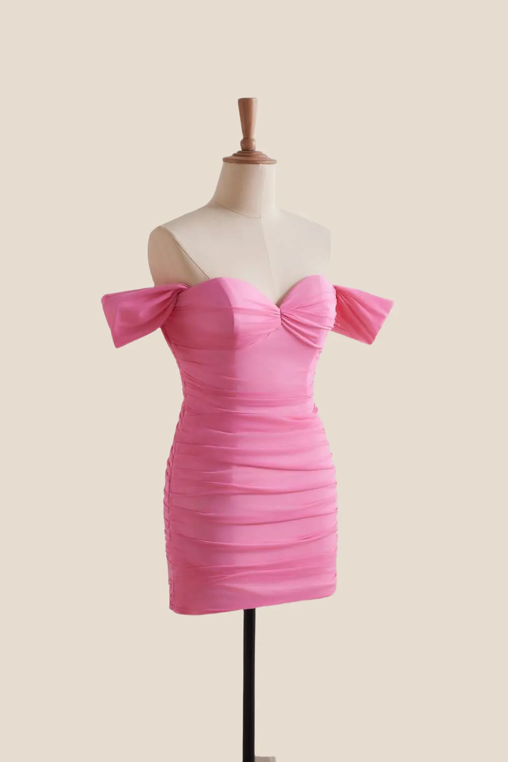 Off the Shoulder Pink Ruched Short Dress