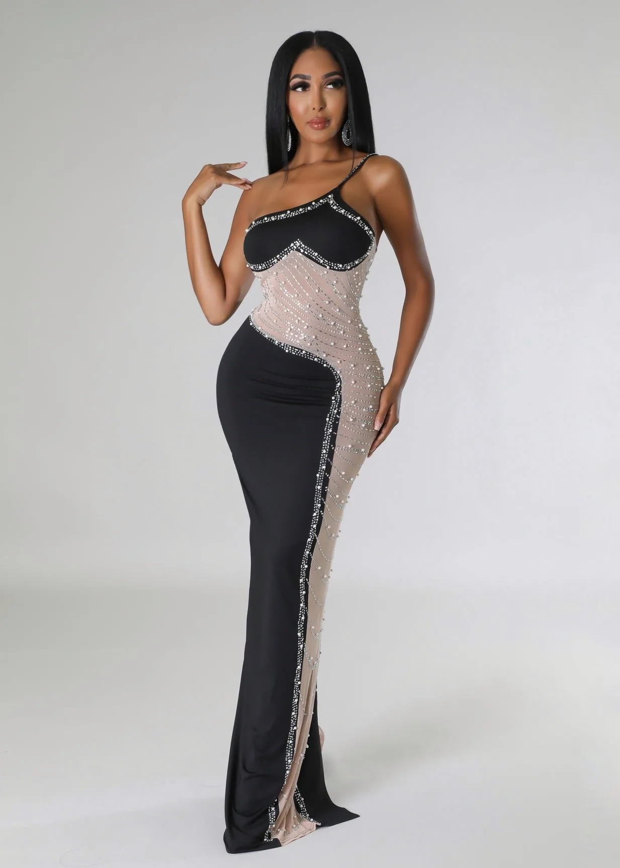One Shoulder Beads Embroidered Bodycon Dress