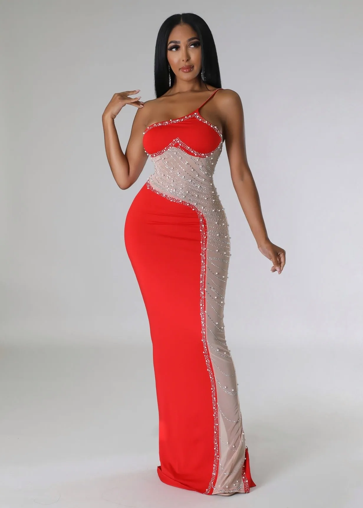 One Shoulder Beads Embroidered Bodycon Dress