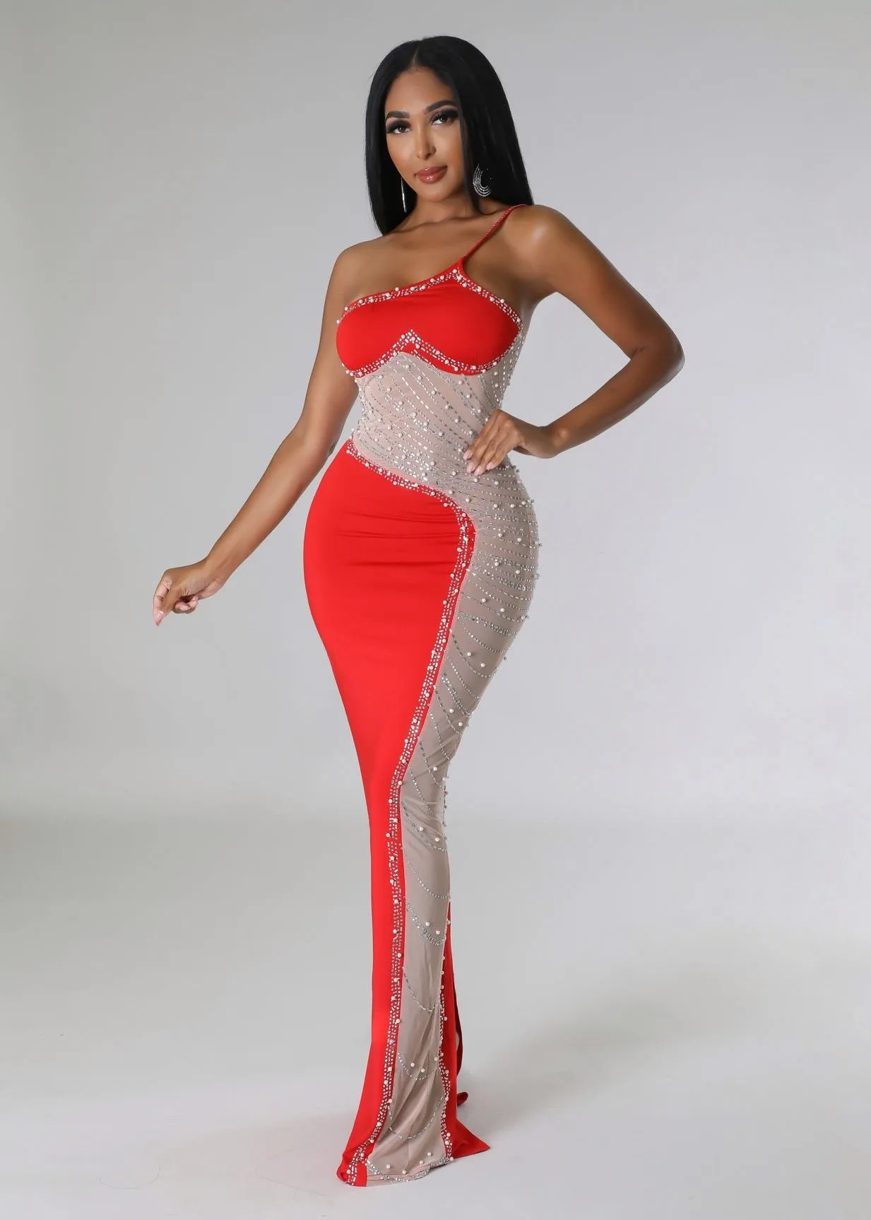 One Shoulder Beads Embroidered Bodycon Dress