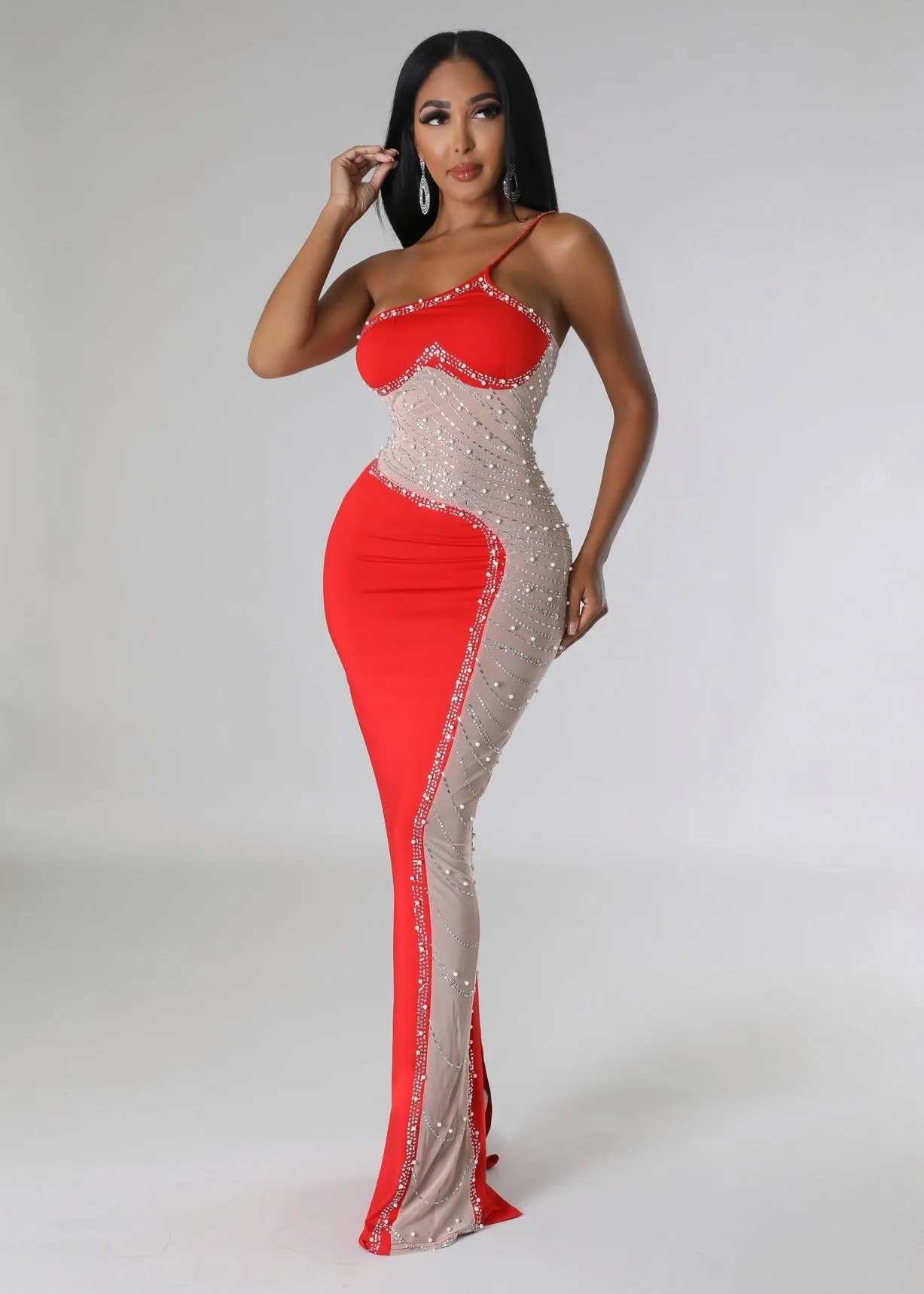 One Shoulder Beads Embroidered Bodycon Dress