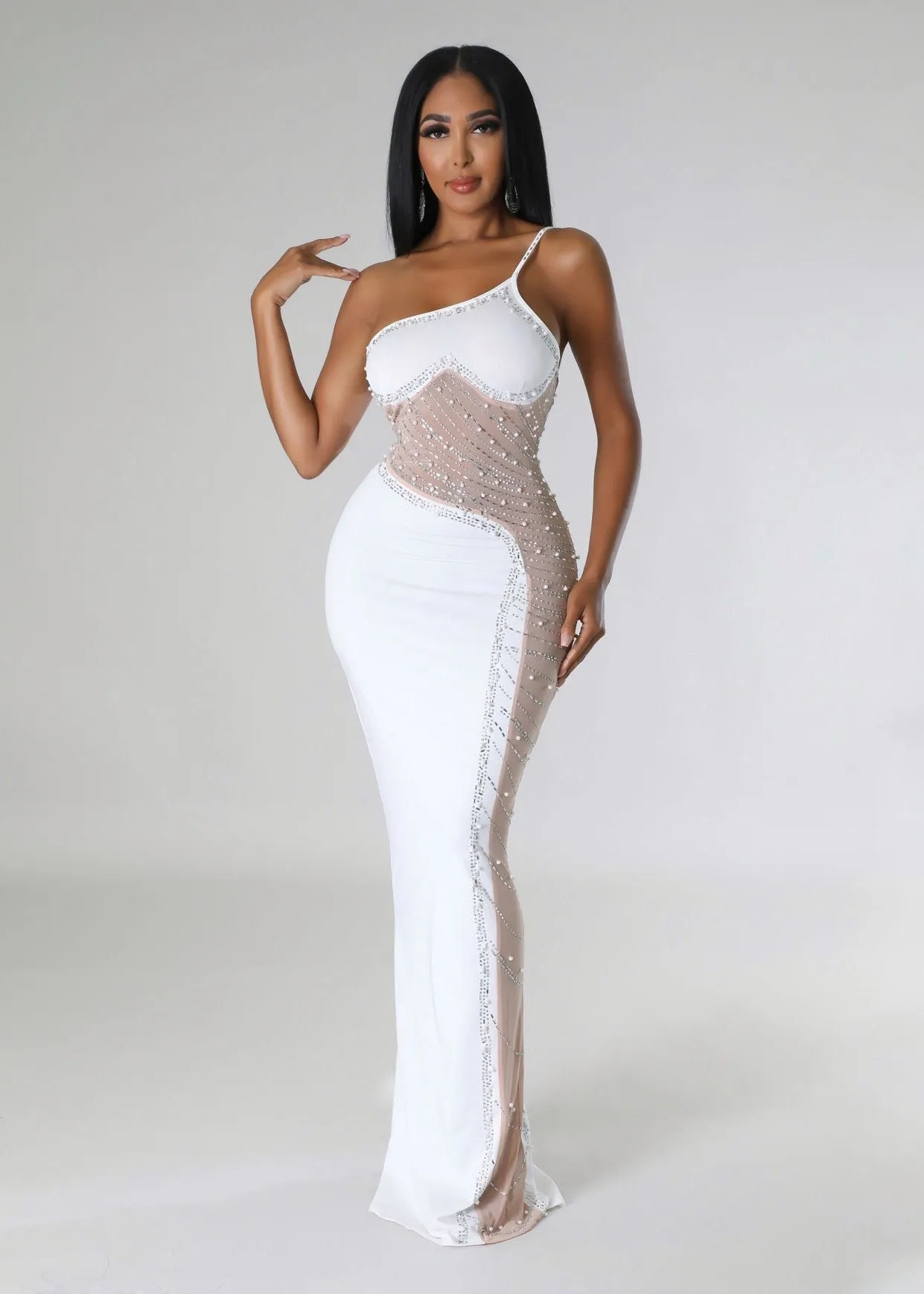 One Shoulder Beads Embroidered Bodycon Dress