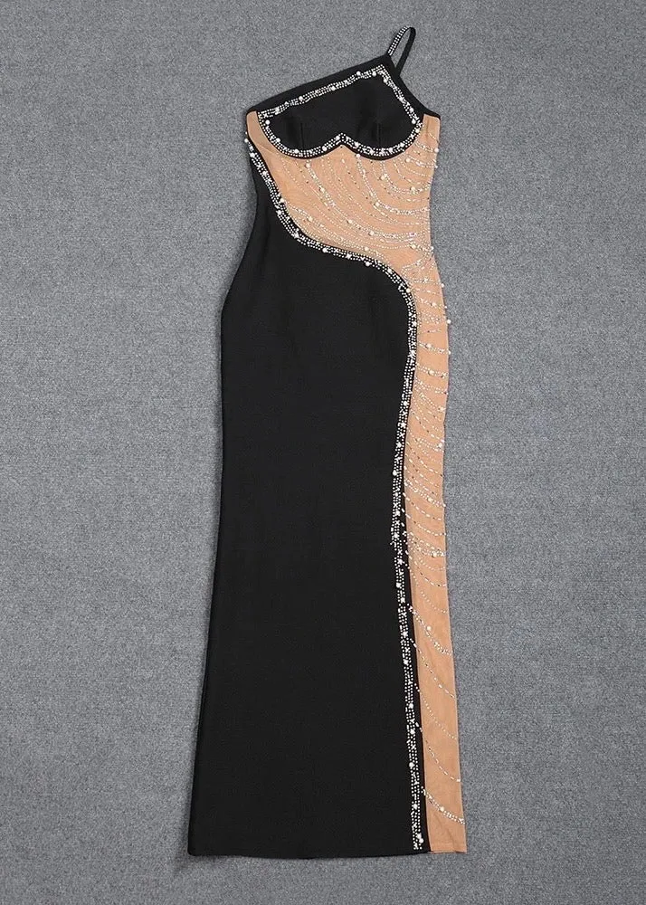 One Shoulder Beads Embroidered Bodycon Dress