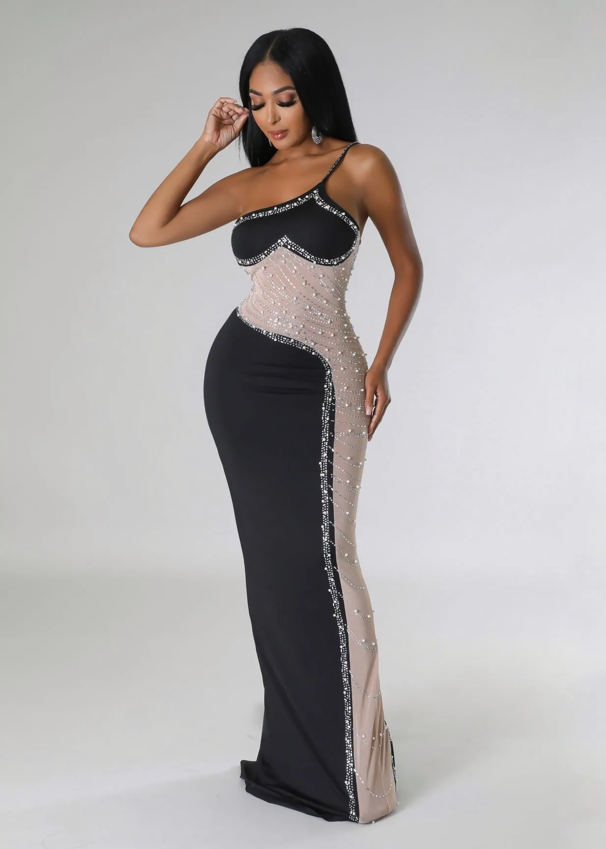 One Shoulder Beads Embroidered Bodycon Dress