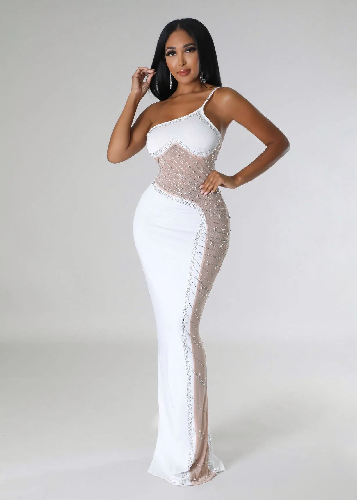 One Shoulder Beads Embroidered Bodycon Dress