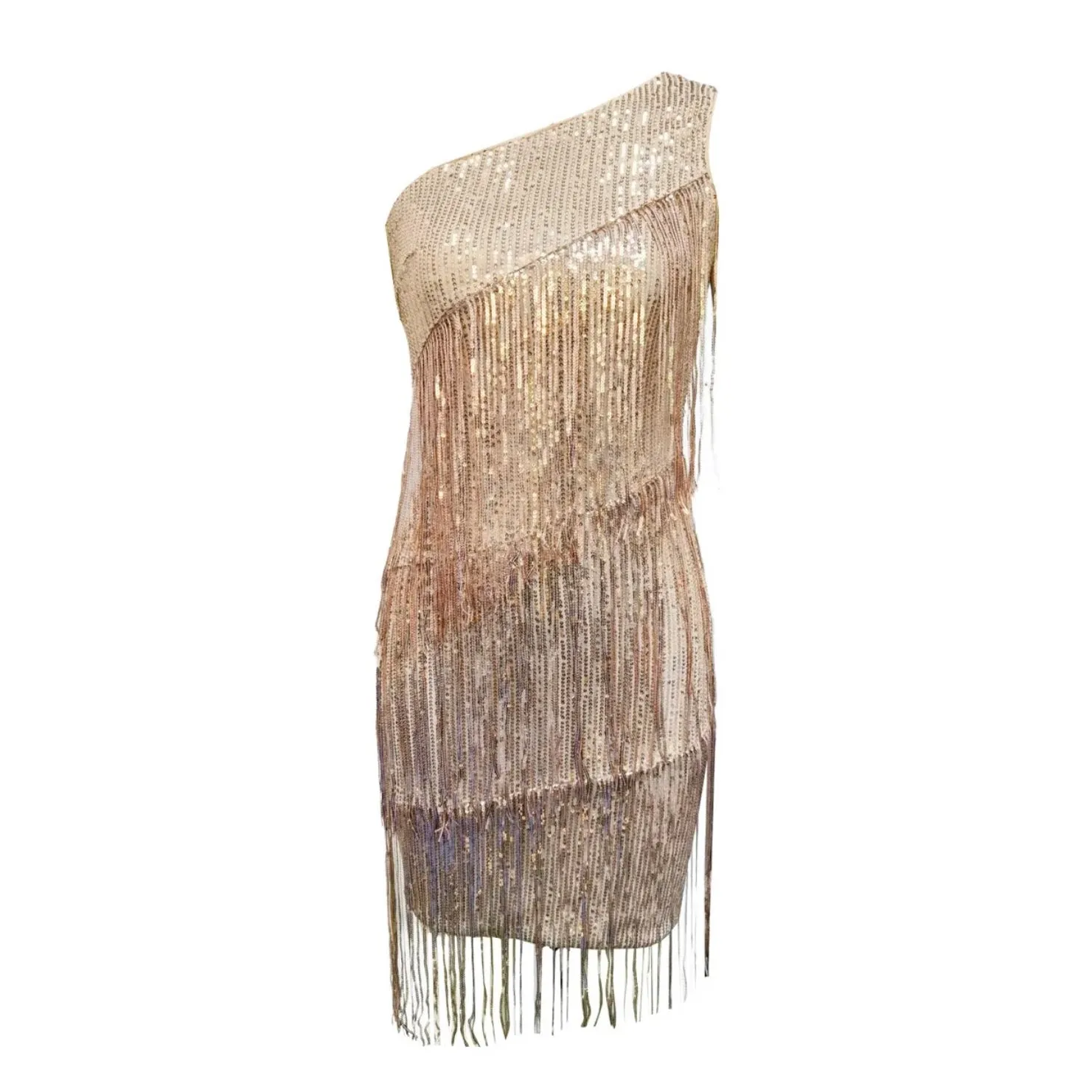 One-Shoulder Tassels & Sequins Mini Dress