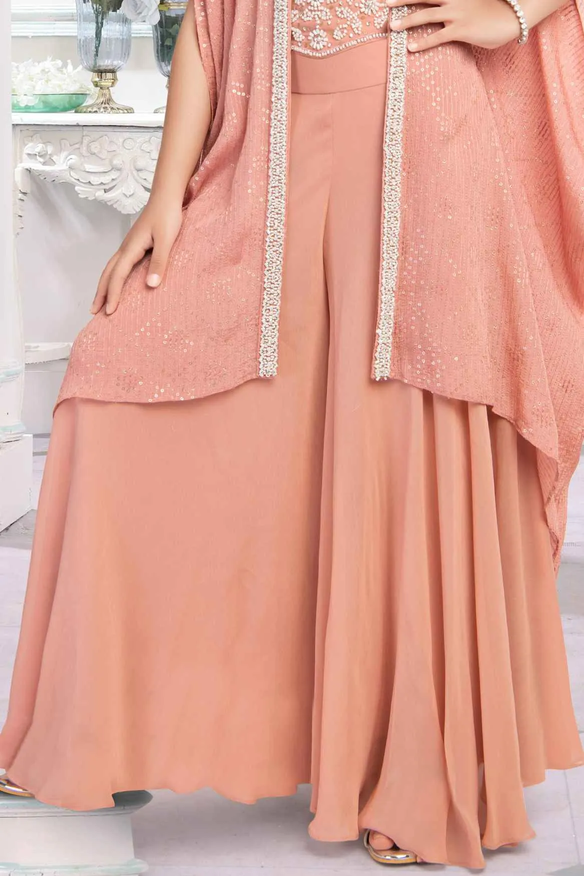 Peach Beads And Sequins Work Palazzo Set With Overcoat For Girls