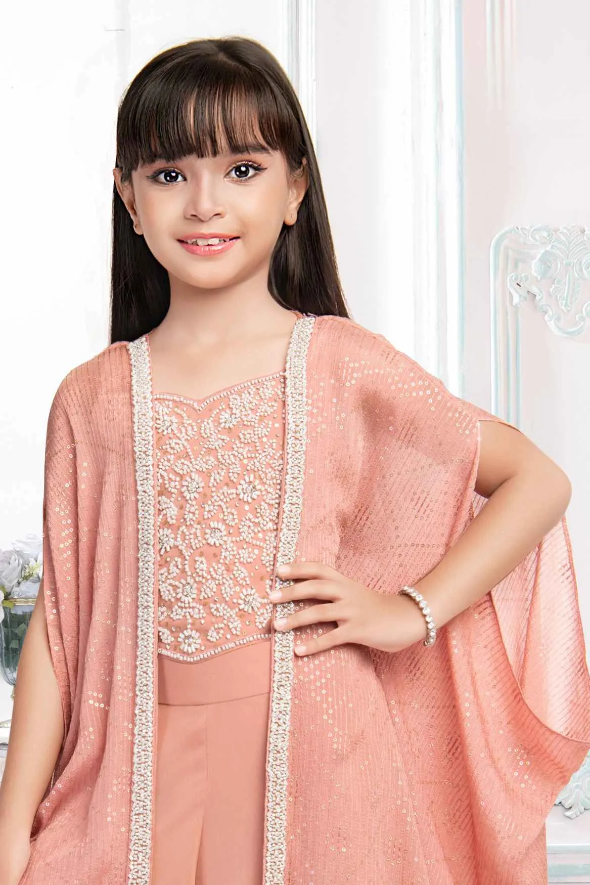 Peach Beads And Sequins Work Palazzo Set With Overcoat For Girls