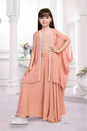 Peach Beads And Sequins Work Palazzo Set With Overcoat For Girls