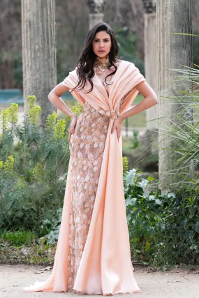 Peach Evening Dress with Embroidered Floral Motifs