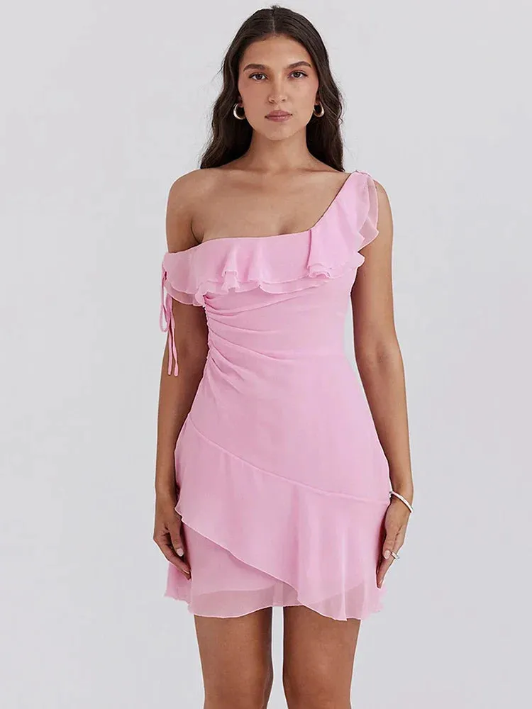 Pink Ruffled Stylish Shoulder Mini Dress