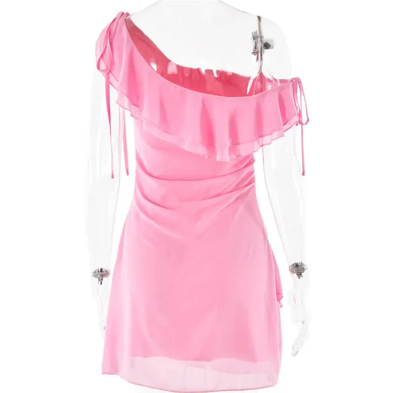 Pink Ruffled Stylish Shoulder Mini Dress