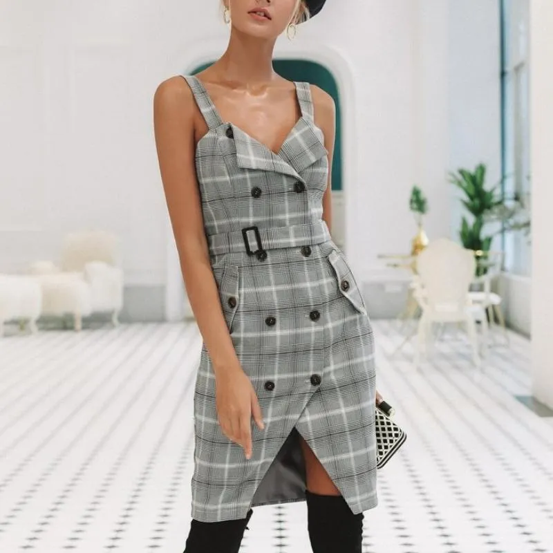 Plaid Strap High Waist Buckle Dress