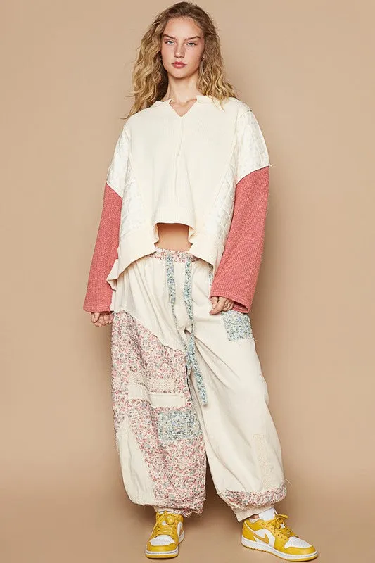 POL Cream Muli Waffle-Knit Contrast Notched Long Sleeve Knit Top