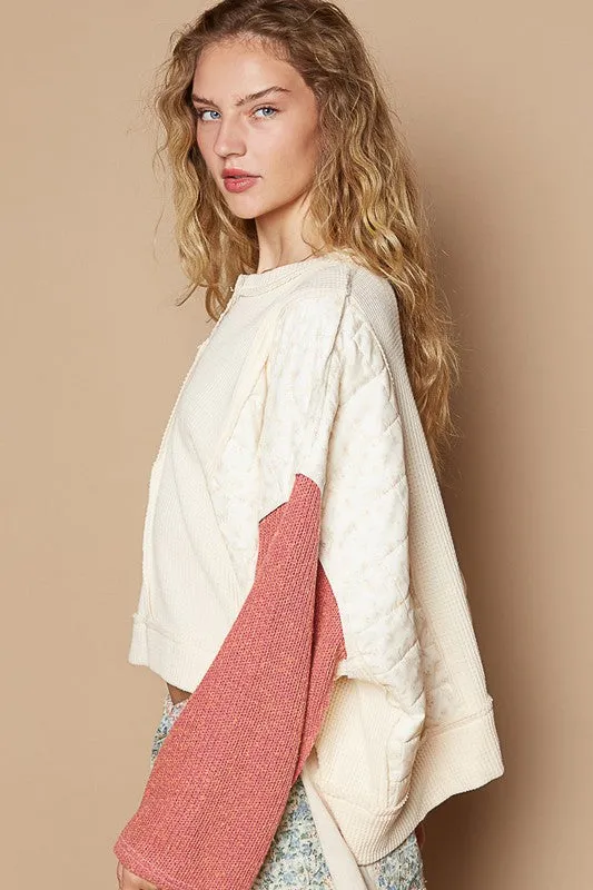 POL Cream Muli Waffle-Knit Contrast Notched Long Sleeve Knit Top