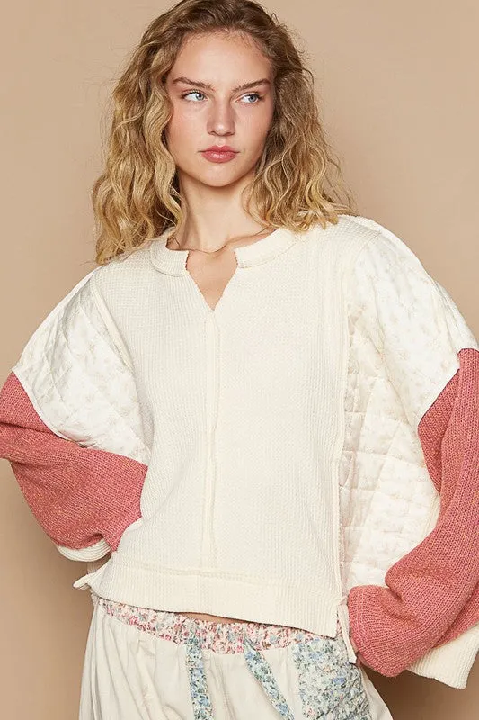 POL Cream Muli Waffle-Knit Contrast Notched Long Sleeve Knit Top