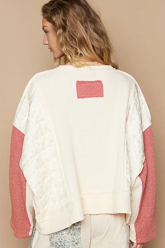 POL Cream Muli Waffle-Knit Contrast Notched Long Sleeve Knit Top