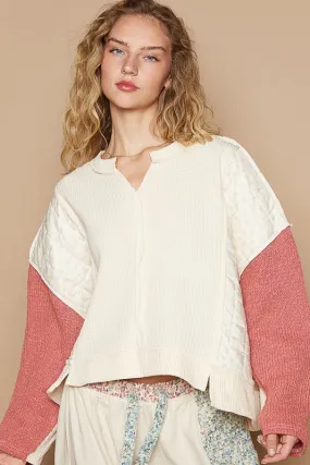 POL Cream Muli Waffle-Knit Contrast Notched Long Sleeve Knit Top