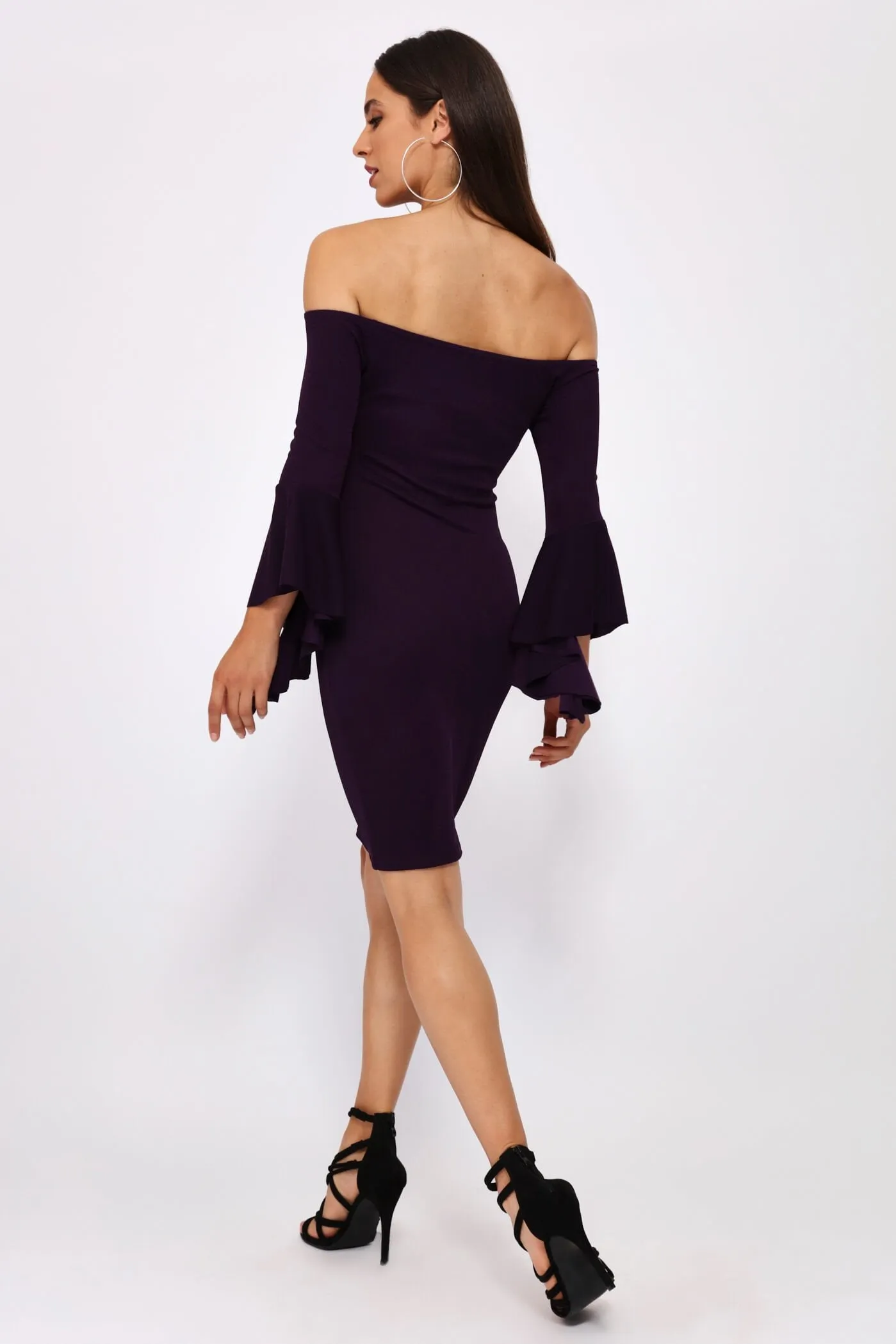 Purple Off The Shoulder Ruffle Sleeve Dress