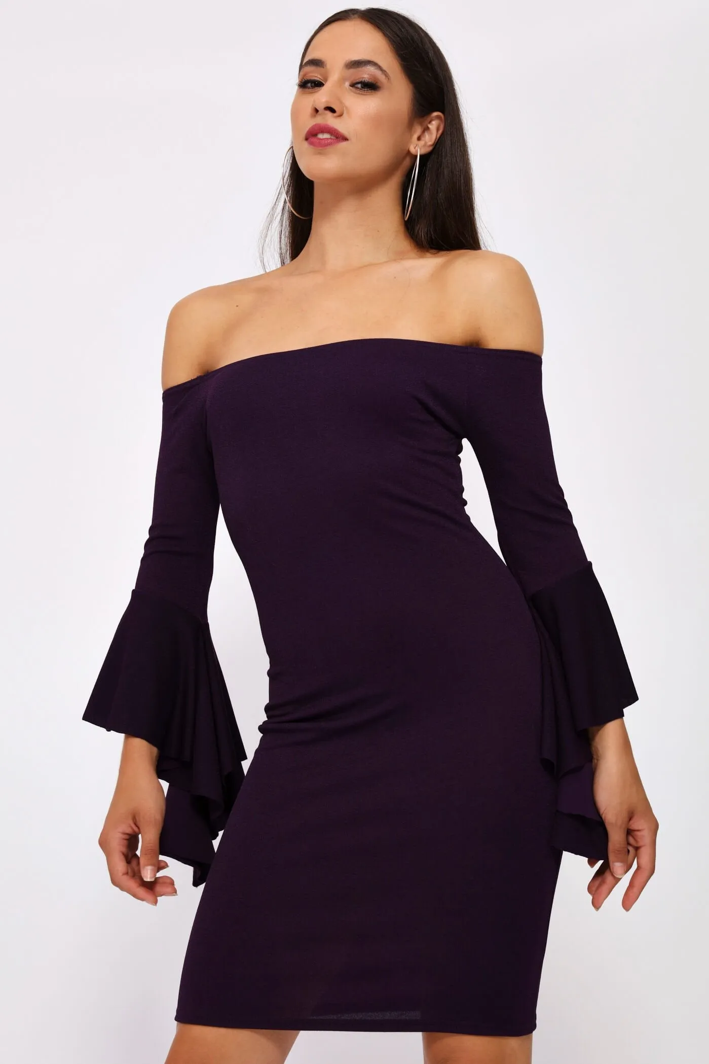 Purple Off The Shoulder Ruffle Sleeve Dress