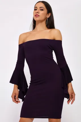 Purple Off The Shoulder Ruffle Sleeve Dress