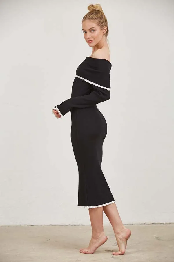 "Black Heart" Black Off The Shoulder Midi Dress w/ White Ruffle Detail